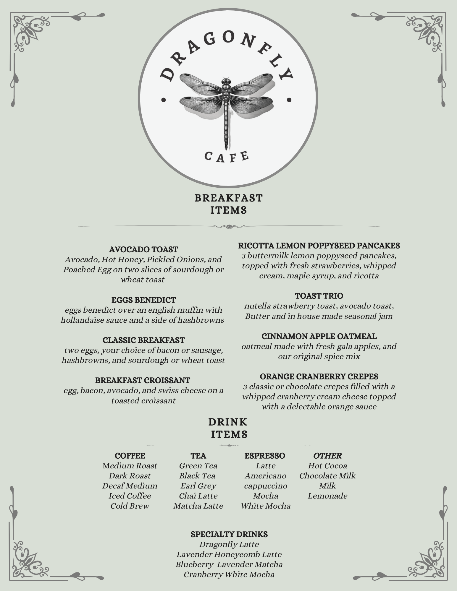 The Dragon Fly Cafe Menu